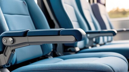 stadium accessibility design. Empty airplane seats with blue fabric and metallic armrests, showcasing a modern seating arrangement in an aviation context.