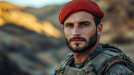Close-up of a handsome soldier wearing a red beret and combat gear, posing confidently. The background is blurred mountains