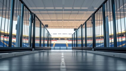 stadium accessibility design. View from inside a modern loading dock, showcasing metal railings and an expansive area leading to a bright interior space.