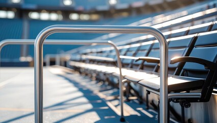stadium accessibility design. Empty stadium seats with bright lighting and a polished railing, creating a serene and modern atmosphere.