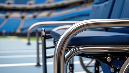 stadium accessibility design. Close-up of a wheelchair on a sports court, highlighting accessibility in athletic environments.