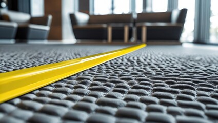 stadium accessibility design. A close-up view of a textured floor with a yellow line extending towards a modern, stylish interior space.