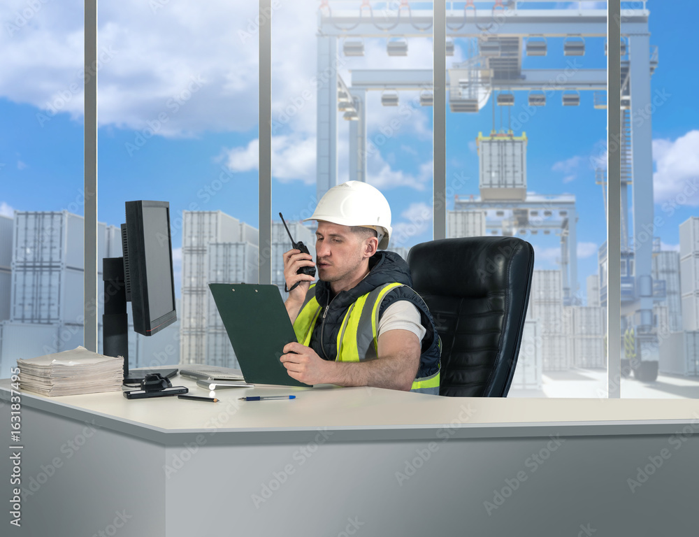 Aufkleber port supervisor in office uses radio and clipboard while monitoring cargo operations through window,