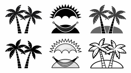 Obraz premium Illustrations featuring palm trees, sun, and hammock designs in black, gray, and outline styles silhouette