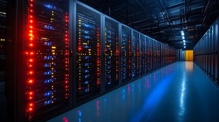 Modern data center hallway, illuminated server racks displaying data processing equipment. Dim lighting, rows of technology