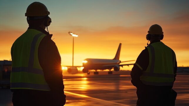 Airport ground crew coordinating aircraft arrival using lights and radio equipment