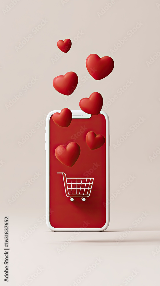 Poster online shopping concept with red heart icons floating from