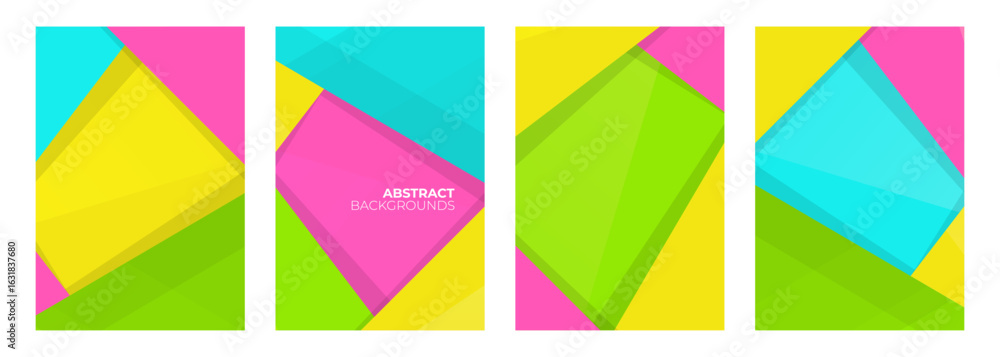 Poster set of bright abstract geometric backgrounds with colorful overlapping shapes. vector illustration.