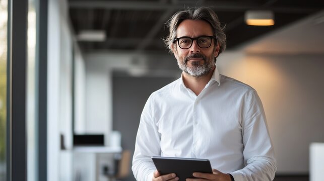 analyst using tablet and VR headset to visualize research models in 3D, modern office background