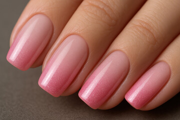 Perfectly manicured nails showcase glossy pink ombre with shimmer, creating elegant and feminine nail art design for beauty inspiration