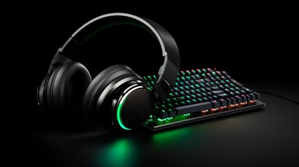 angled view of premium gaming headset and keyboard with LED effects