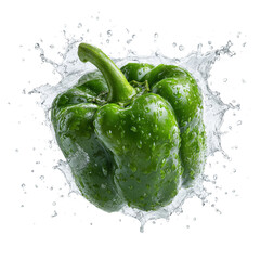 A green Bell pepper with water splash isolated on a transparent background