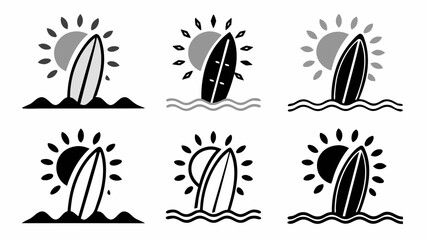 Illustrations of surfboards standing in water with sun shining behind them in a minimalist black and white style silhouette
