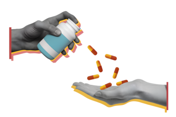 Capsules pills spill out of the jar into black and white hand. Modern collage style. Illustration on transparent background