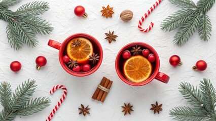 Festive christmas mulled wine with orange, cinnamon, and spices on a white background with decorations, perfect for a cozy holiday