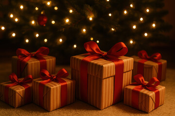 Cozy Christmas gifts with red bows on striped wrapping paper under twinkling tree lights create festive holiday atmosphere in warm indoor lighting