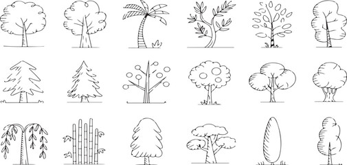 Whimsical tree doodle icon set featuring hand-drawn black and white sketches of apple, palm, pine, willow, bamboo, maple, oak, and cypress trees. Cute cartoon-style illustrations perfect for nature, f
