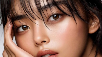 Obraz premium asian beauty trends featuring glass skin, subtle eyeliner and straight bangs, studio portrait with soft light