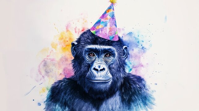 A chimpanzee wearing a party hat, watercolor splash background.