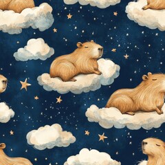 A pattern of three brown capybaras sleeping in the clouds