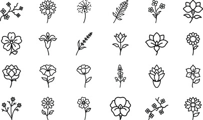 Hand-drawn flower icon bundle set with 25 unique floral illustrations in black line art style for design and decoration