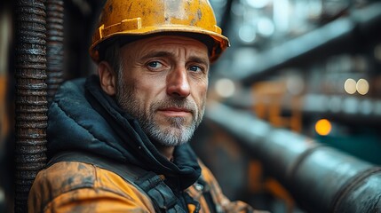 Portrait of a focused oil worker in a yellow hard hat, with a rugged, weathered appearance and work clothes
