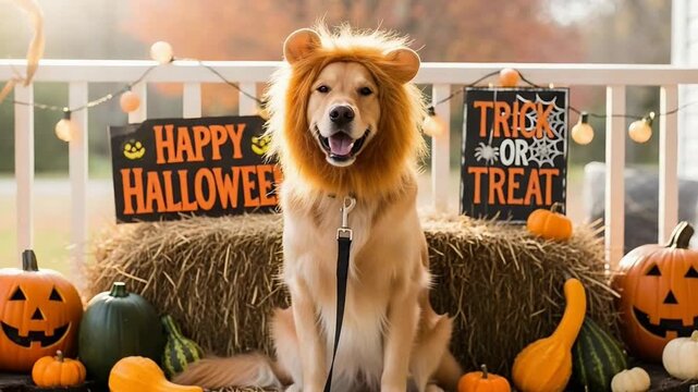 Adorable Golden Retriever Dressed as a Lion for Halloween  Posing on a Porch Decorated with Pumpkins and Hay Bales in Warm Autumn Light.