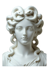 White Marble Medusa Bust with Snakes, Transparent Background, 3D Realism Illustration
