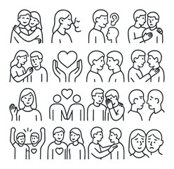 Communication linear icon set. featuring empathy, dialogue, listening, speaking, relationship, understanding, conversation.