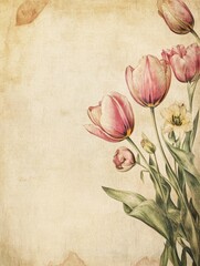 Vintage tulips with aged paper texture create a timeless floral composition
