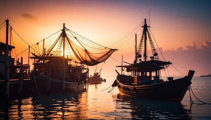 Naklejka premium Fishing Boats Silhouetted at Sunset in Harbor Water