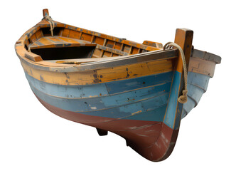Wooden Boat with Peeling Paint, Blue and Red Stripes on Transparent Background, Rustic Graphic for Web Design