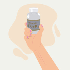 Hand hold Vitamin D3 and K2 bottle design illustration
