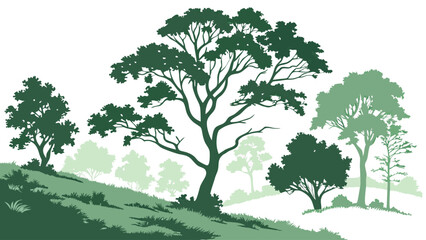 Serene Hillside Landscape with Varied Green Trees.