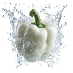 A White Bell pepper in the air with water splash isolated on a transparent background