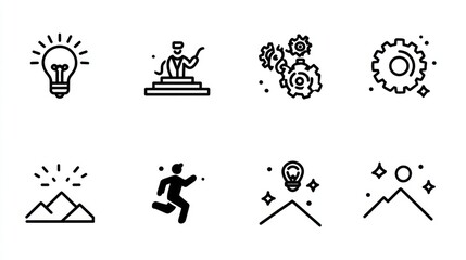 Eight icons showing growth, progress, innovation, and success in black and white