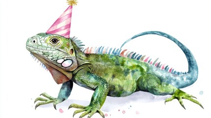 Obraz premium Festive green iguana wearing a party hat.