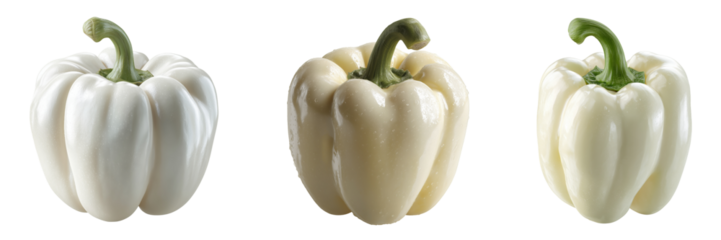 Set of White Bell Pepper With Smooth Surface And Green Stem isolated on a transparent background