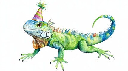 Fototapeta premium Festive iguana wearing a party hat and glasses.