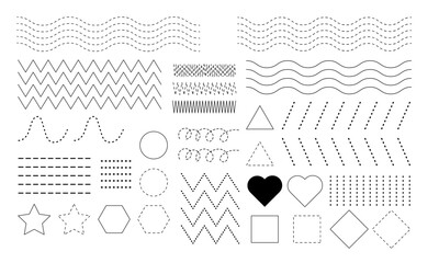 Wavy lines, zigzag lines,  horizontal lines, vertical lines, curved lines, and slanting lines with basic shape collection for your design. Polygonal elements with sharp, rounded edges heart Vector