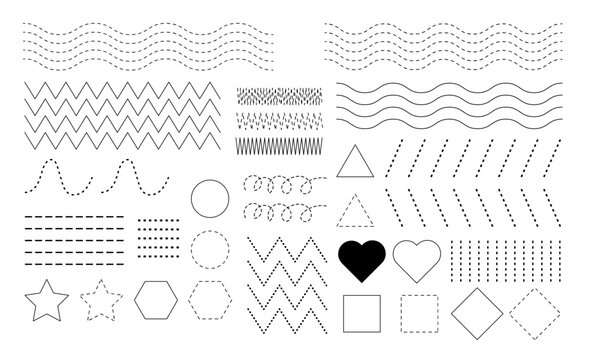 Wavy lines, zigzag lines,  horizontal lines, vertical lines, curved lines, and slanting lines with basic shape collection for your design. Polygonal elements with sharp, rounded edges heart Vector