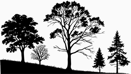Silhouette of Four Trees on a Hillside.