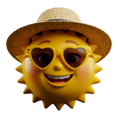 Yellow Sun Face with Straw Hat and Sunglasses, 3D Realism Illustration with Transparent Background