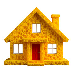 Yellow Swiss Cheese House Illustration with Transparent Background, 3D Realism Design Element
