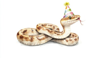 Fototapeta premium A light brown snake wearing a colorful party hat, tongue out, isolated on white.