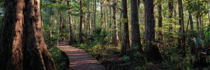 Obraz premium Sunlight filters through tall cypress trees, illuminating a wooden boardwalk winding through a lush humid subtropical forest, creating a peaceful nature experience, Southeast, Humid Subtropical 