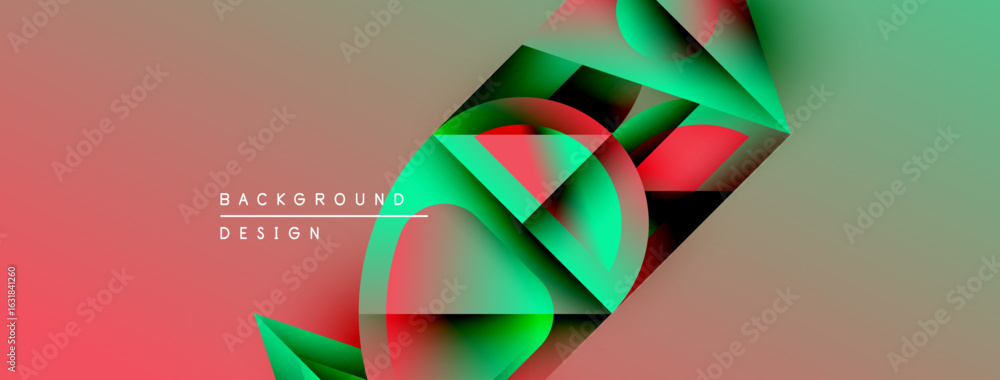 Poster abstract geometric shapes overlap, creating vibrant red, green gradients. background features soft p