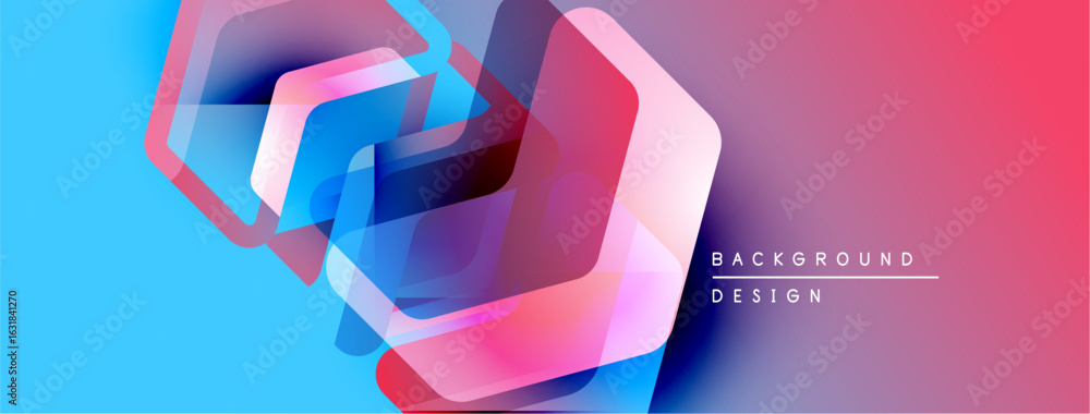 Poster abstract geometric design. vibrant blue, pink gradients create layered hexagon shapes. modern backgr