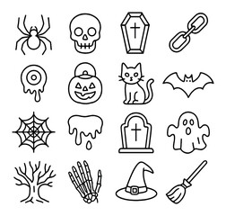 Fototapeta premium Halloween linear icon set. featuring spider, skull, coffin, jack-o-lantern, cat, bat, and more.