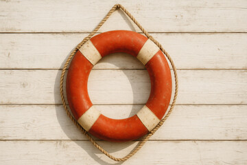 Vintage red and white lifebuoy hanging on whitewashed wooden wall, symbolizing coastal safety and summer nautical decor